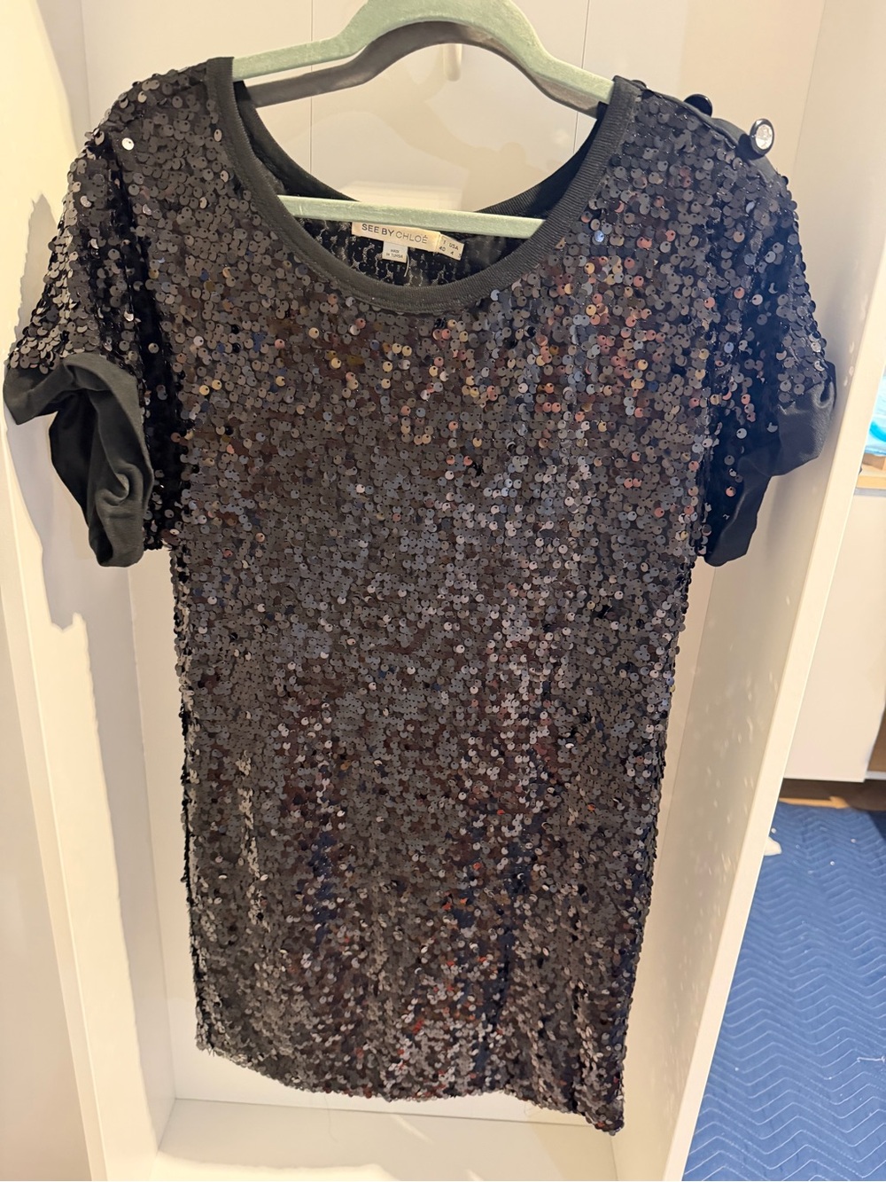 See By Chloé Black Sequined Tunic Mini Dress with Jewel Buttons – IT 40 / US 8